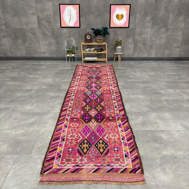 Alfombra turca vintage 2,9x11,9 pies (88x364 cm), alfombra de lana roja Herki - 1