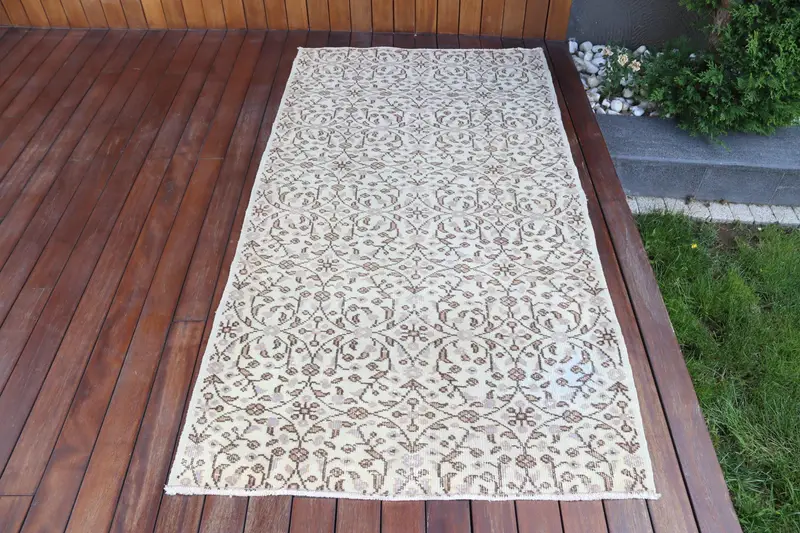 Vintage 3.4x6.4 ft Accent Halı, Türk Halısı, Oushak Beyaz Soyut Halı - 1