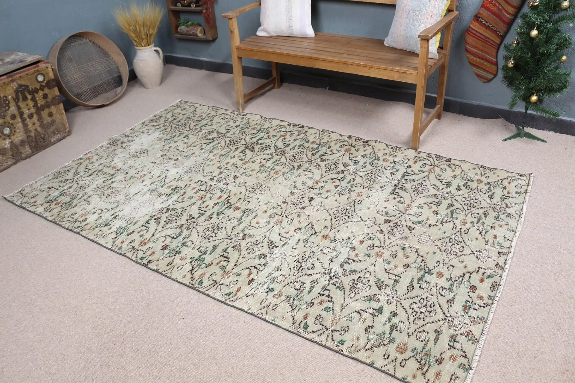 Turkish 4.6x7.6 ft Rug, Area Vintage Rug, Green Floral Wool Rug - 1