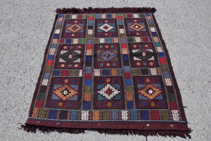 Vintage Halı, 4.1x4.8 ft Accent Halı, Mor Mavi Kilim Yün Halı - 1