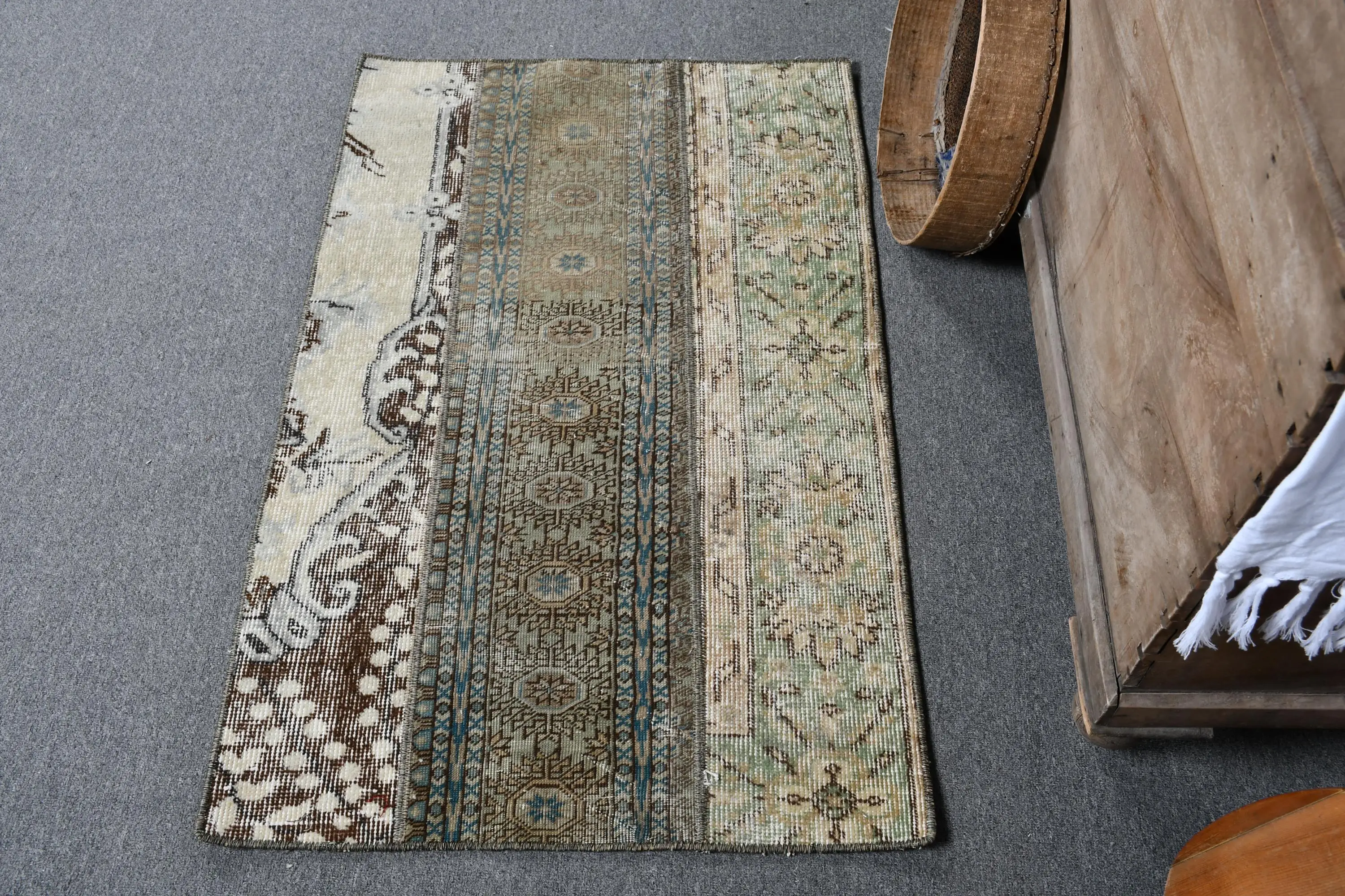 Vintage Turkish Rug 2.2x3.6 ft (67x110 cm), Brown Blue Moroccan Rug - 1
