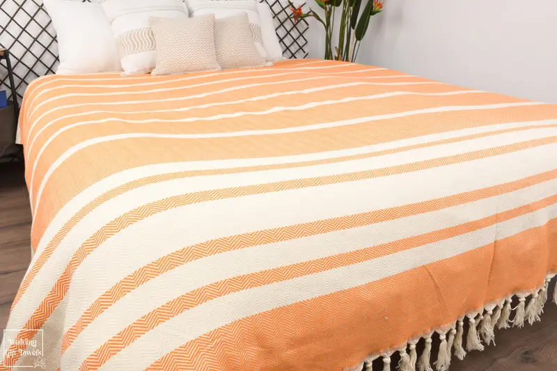 Boho Throw Blankets, Striped Cotton Herringbone, Beige, 79x95 Inches