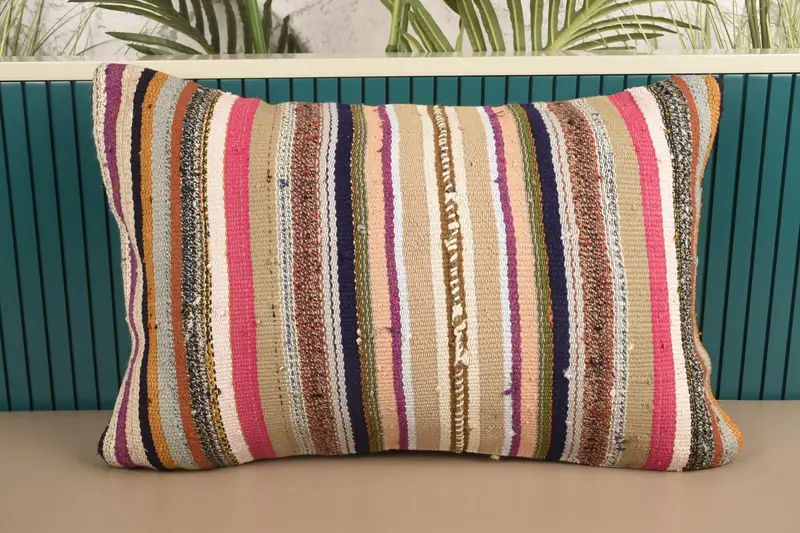 Throw Antique Pillow, Pink 16x24 inch Cushion, Guest Room Striped Cushion Case - 1