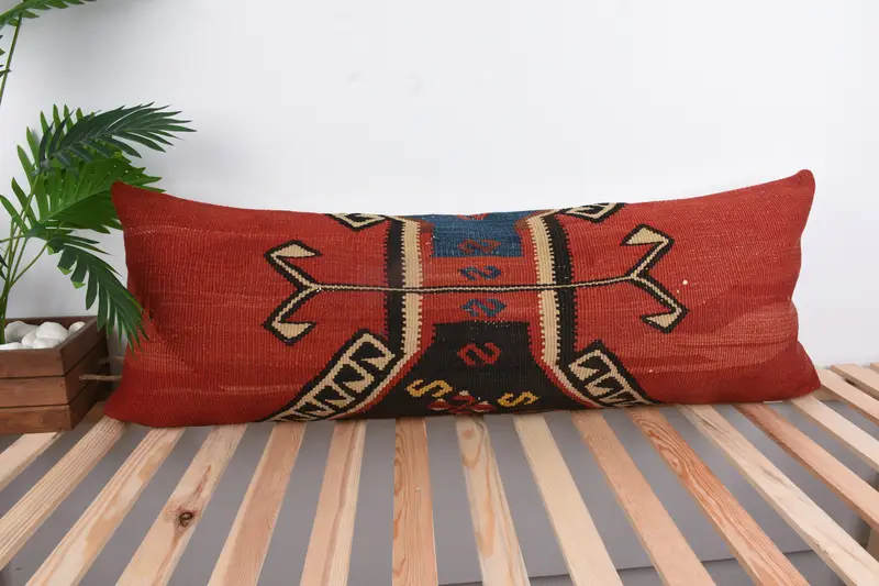 Boho Pillow, Turkish Pillow, Bolster Cushion, 16x43 Red Pillow Case, Handwoven Cushion, Cushion, Antique Pillows, Bed Pillow Case - 1