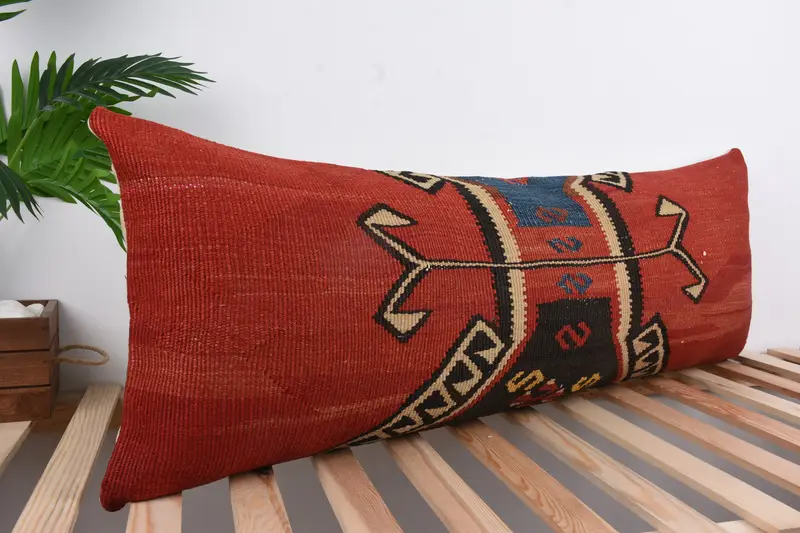 Boho Pillow, Turkish Pillow, Bolster Cushion, 16x43 Red Pillow Case, Handwoven Cushion, Cushion, Antique Pillows, Bed Pillow Case - 4