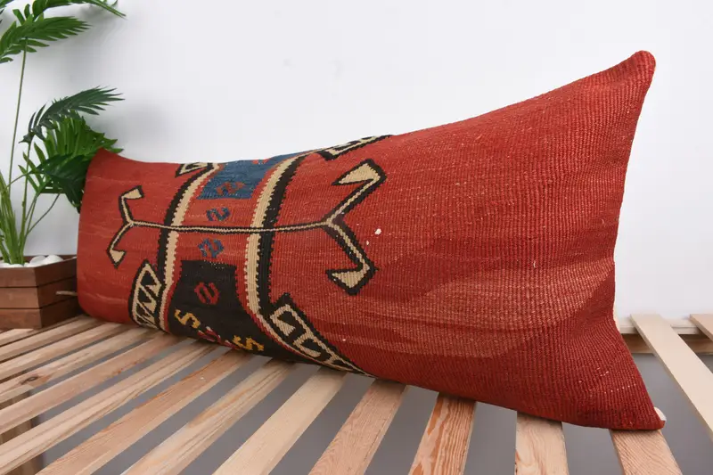 Boho Pillow, Turkish Pillow, Bolster Cushion, 16x43 Red Pillow Case, Handwoven Cushion, Cushion, Antique Pillows, Bed Pillow Case - 5