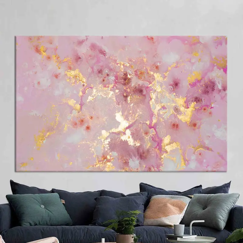 Elegante impresión de lienzo con brillo dorado de mármol rosa - Lujo contemporáneo