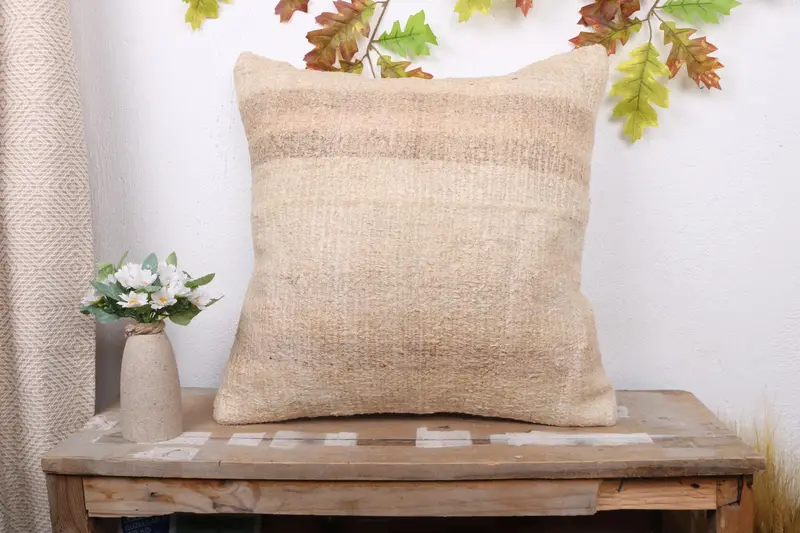 Beige & Brown Striped Throw Pillow, Vintage Embroidered Cushion