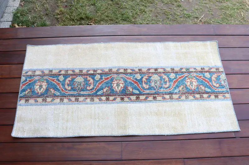 1.8x3.8 ft Small Vintage Turkish Rug, Blue Striped Wool Rug - 1