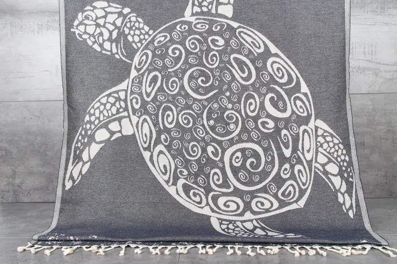 Organic Beach Towel Turkish Cotton Navy Beige Patterned, 40x71 Inches