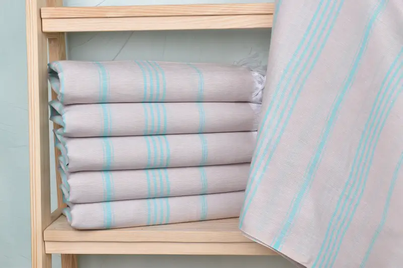 Beach Towel Beige-Petrol Green Organic Cotton/Linen, 40x71 Inches