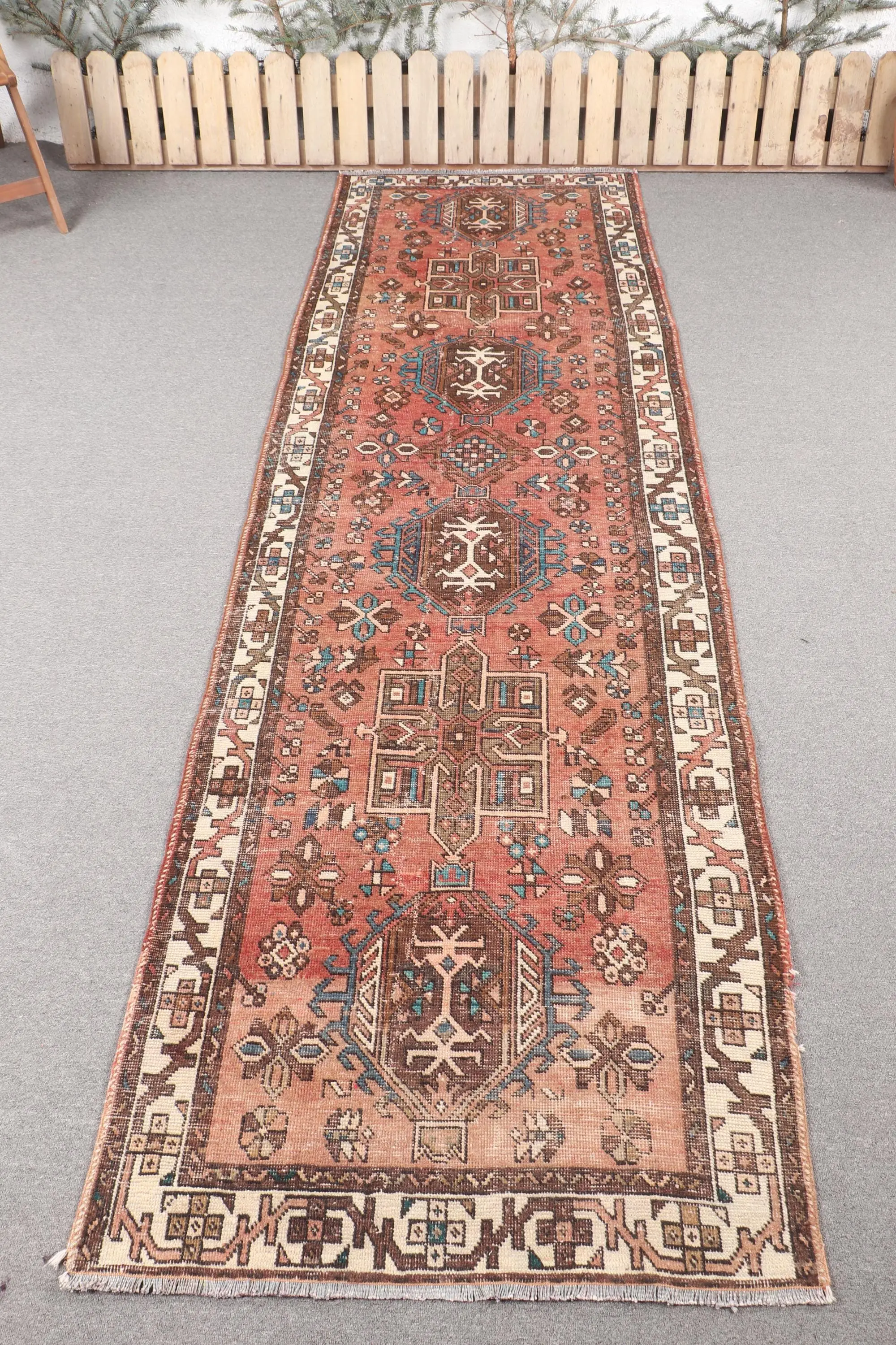 Turkish 3.2x10.3 ft Rug, Runner Vintage Rug, Red Blue Moroccan Rug - 1