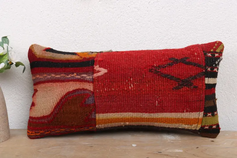 Pillow Cover, Ethnic Pillow, Muted Pillow, Kilim Cushion Sham, Vintage Pillow, 8x16 Red Pillow Cover, Kilim Pillow Cover, Garden Pillow Case - 2