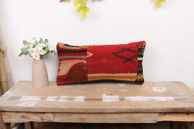 Pillow Cover, Ethnic Pillow, Muted Pillow, Kilim Cushion Sham, Vintage Pillow, 8x16 Red Pillow Cover, Kilim Pillow Cover, Garden Pillow Case - 1