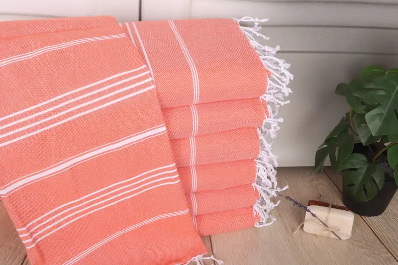 Beach Towel Striped Turkish Cotton Vermilion Beige, Organic, 40x71 Inches