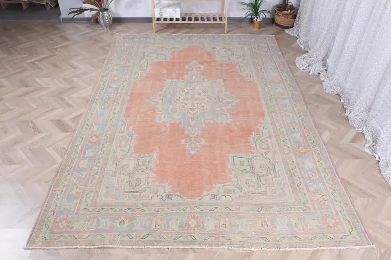 Alfombra Oushak, Alfombra vintage de 0,6x10,6 pies, Lana de alfombra a rayas naranja - 1
