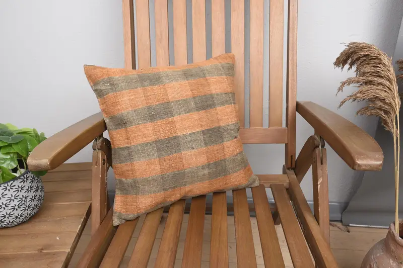 Turkish Antique Pillow Case, Orange 16x16 inch Pillow Sham, Kids Room Striped Pillowcase - 1