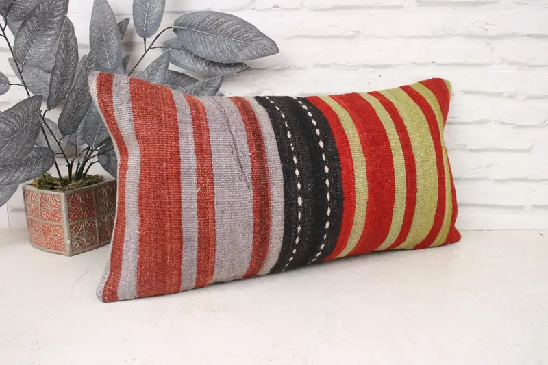 Turkish Kilim Pillow, Pillow Sham, Boho Pillow Sham Cover, 12x24 Red Cushion Case, Vintage Kilim Throw Pillow, Art Deco Pillow Sham - 3