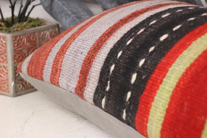 Turkish Kilim Pillow, Pillow Sham, Boho Pillow Sham Cover, 12x24 Red Cushion Case, Vintage Kilim Throw Pillow, Art Deco Pillow Sham - 7