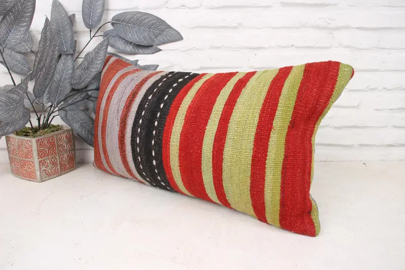 Turkish Kilim Pillow, Pillow Sham, Boho Pillow Sham Cover, 12x24 Red Cushion Case, Vintage Kilim Throw Pillow, Art Deco Pillow Sham - 4