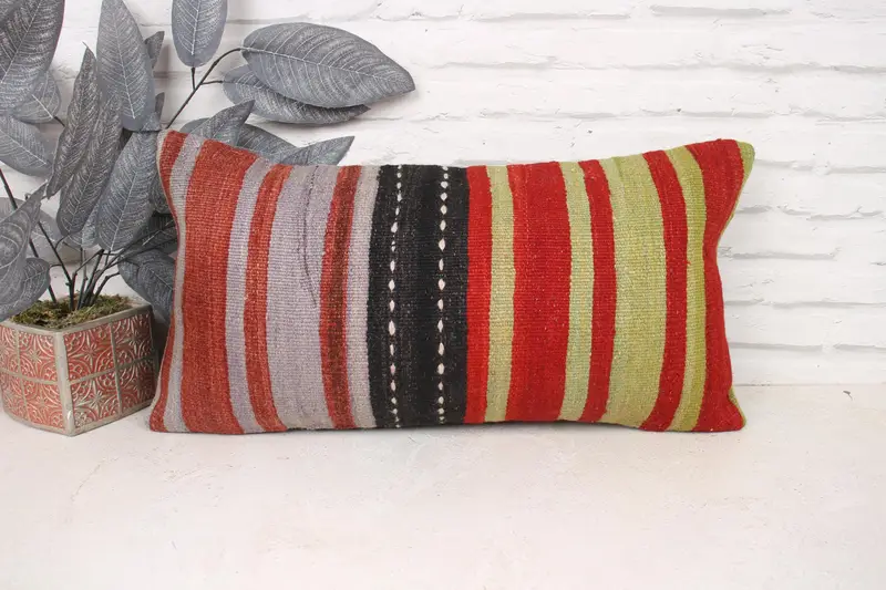 Turkish Kilim Pillow, Pillow Sham, Boho Pillow Sham Cover, 12x24 Red Cushion Case, Vintage Kilim Throw Pillow, Art Deco Pillow Sham - 1