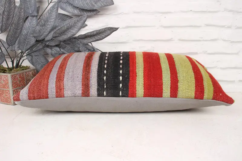 Turkish Kilim Pillow, Pillow Sham, Boho Pillow Sham Cover, 12x24 Red Cushion Case, Vintage Kilim Throw Pillow, Art Deco Pillow Sham - 5