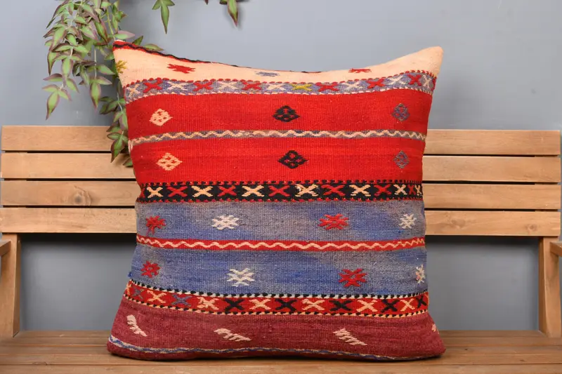 Blue & Red Geometric Throw Pillow, Vintage Embroidered Cushion