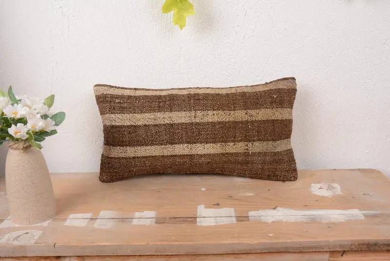 Embroidered Brown & Beige Striped Pillow, Handmade Vintage Throw Pillow