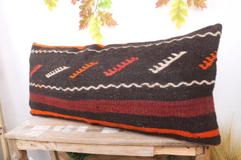 Sustainable Pillow Sham, Floor Cushion Case, Ethnical Kilim Rug Pillow, Pillow, Throw Kilim Pillow, 16x36 Brown Pillow, Vintage Kilim Pillow - 4