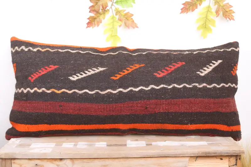Sustainable Pillow Sham, Floor Cushion Case, Ethnical Kilim Rug Pillow, Pillow, Throw Kilim Pillow, 16x36 Brown Pillow, Vintage Kilim Pillow - 2