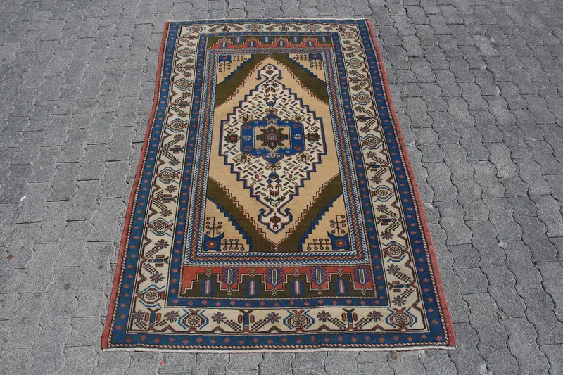 Turkish Area Rug, 4x6.4 ft Vintage Rug, Blue Oushak Wool Rug - 1