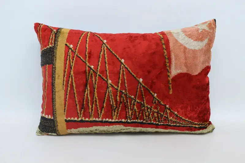 Cushion Case, Turkish Kilim Pillow, Bolster Throw Cushion Case, Turkish Pillow, Accent Cushion, Vintage Kilim Pillow, 16x24 Red Pillow Case - 1