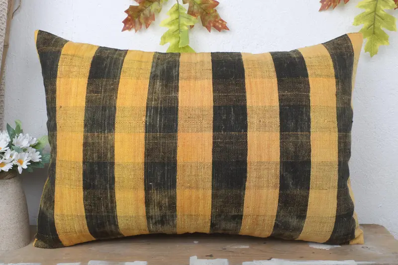 Boho Chic Pillow Cover, Handmade Rug Seat Cushion Case, 16x24 Yellow Cushion Cover, Kilim Pillow, Pillow, Vintage Kilim Pillow, Pillow for Sofa - 2