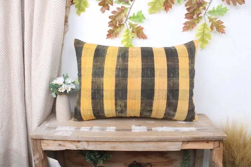 Boho Chic Pillow Cover, Handmade Rug Seat Cushion Case, 16x24 Yellow Cushion Cover, Kilim Pillow, Pillow, Vintage Kilim Pillow, Pillow for Sofa - 1