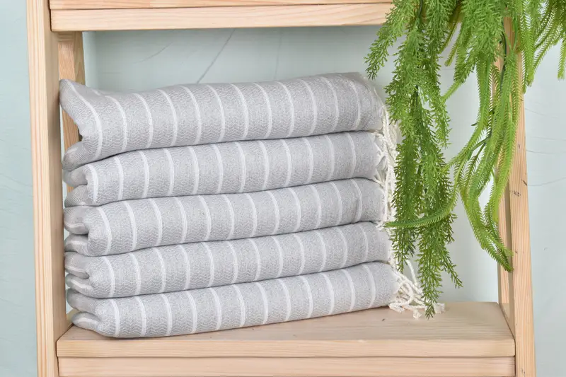 Handmade Striped Towel, Light Gray Cotton, 40x71 Inches