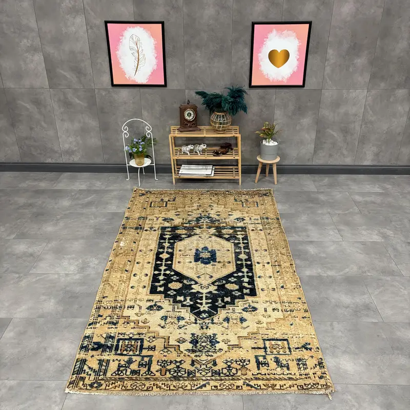 Alfombra turca vintage, alfombra Oushak de 4,1x6,9 pies, alfombra de lana marroquí marrón azul - 1