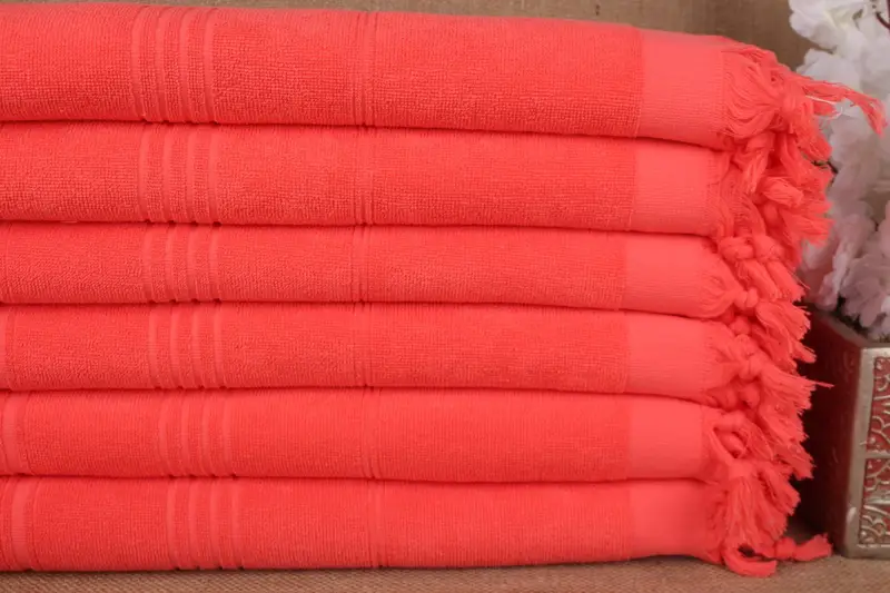 Turkish Towel Striped Terry Vermilion Organic Cotton Beach Towel, 36x71 Inches