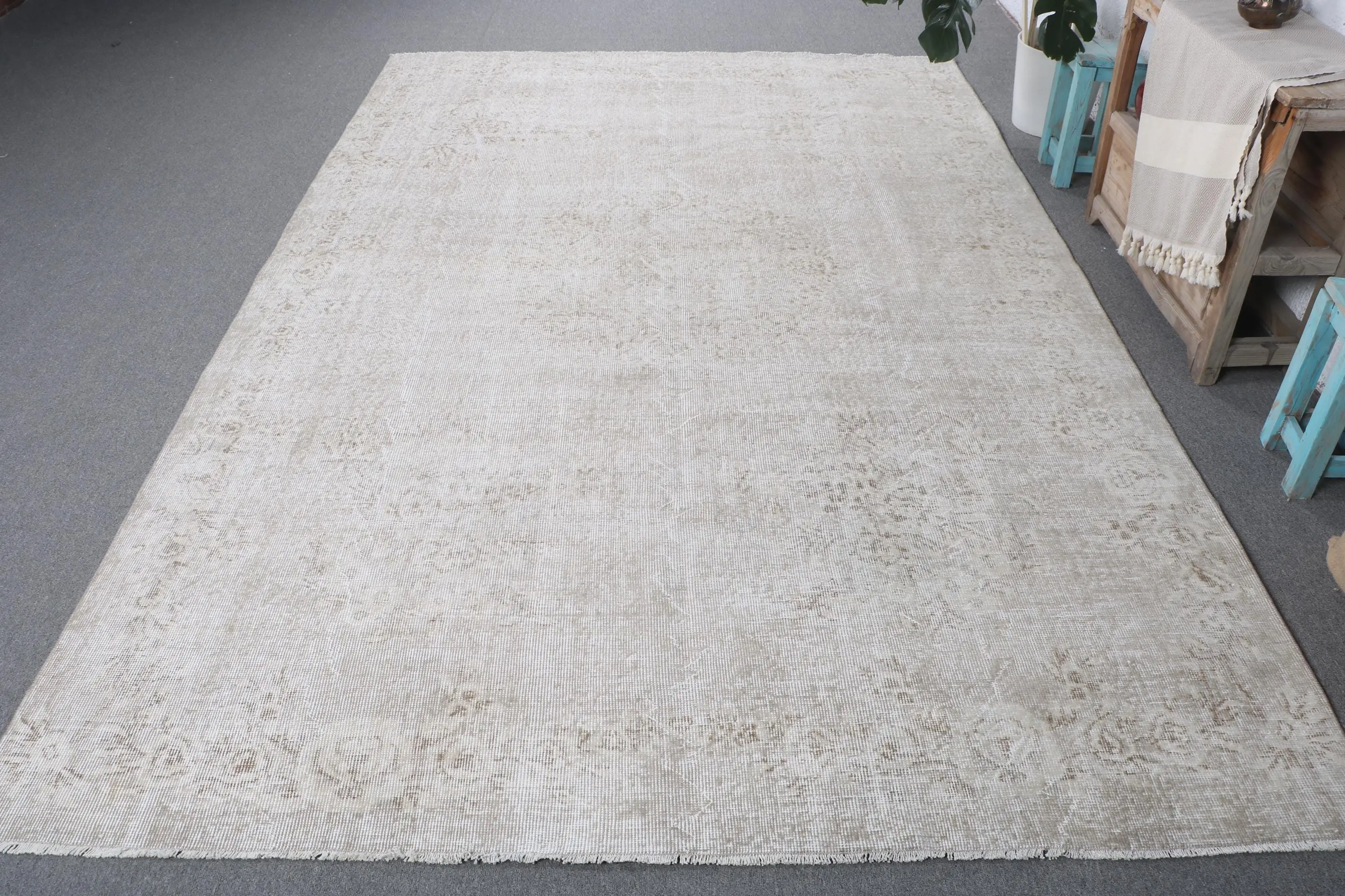 6.6x10.1 ft Halı, Türk Vintage Halısı, Beyaz Yün Halı - 1