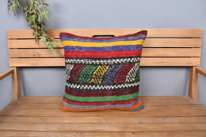 Cushion Cover, Home Decor Pillow, Bohemian Cushion Pillow Sham, Kilim Cushion Sham, Vintage Pillow, Traditional Cushion Cover, 20x20 Green Pillow - 6