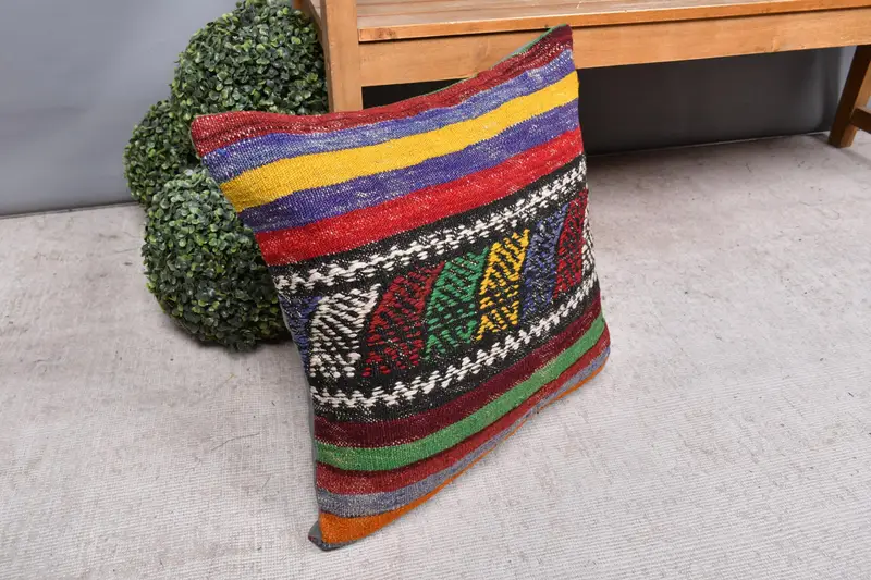 Cushion Cover, Home Decor Pillow, Bohemian Cushion Pillow Sham, Kilim Cushion Sham, Vintage Pillow, Traditional Cushion Cover, 20x20 Green Pillow - 7
