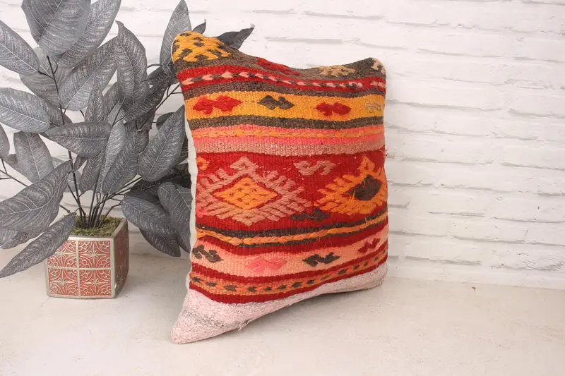 Home Decor Pillow, Kilim Pillow, Tapestry Cushion Case, Decorative Bolster Pillow Case, Pillow Case, Pillow for Couch, 18x18 Orange Pillow Sham - 3