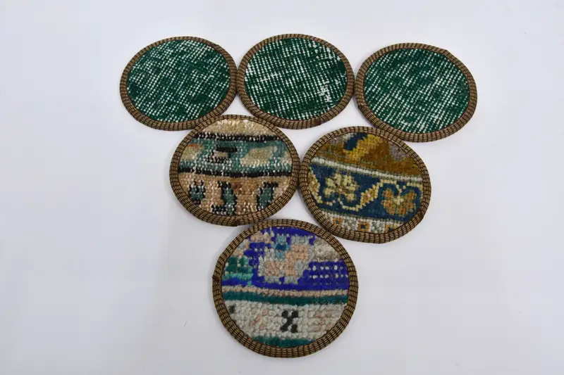 Posavasos Kilim verdes y bronce, posavasos de alfombras tradicionales