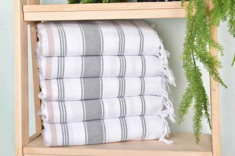 Monogram Beach Towel Beige-Dark Gray Stripes, 40x71 Inches, Organic Cotton/Linen