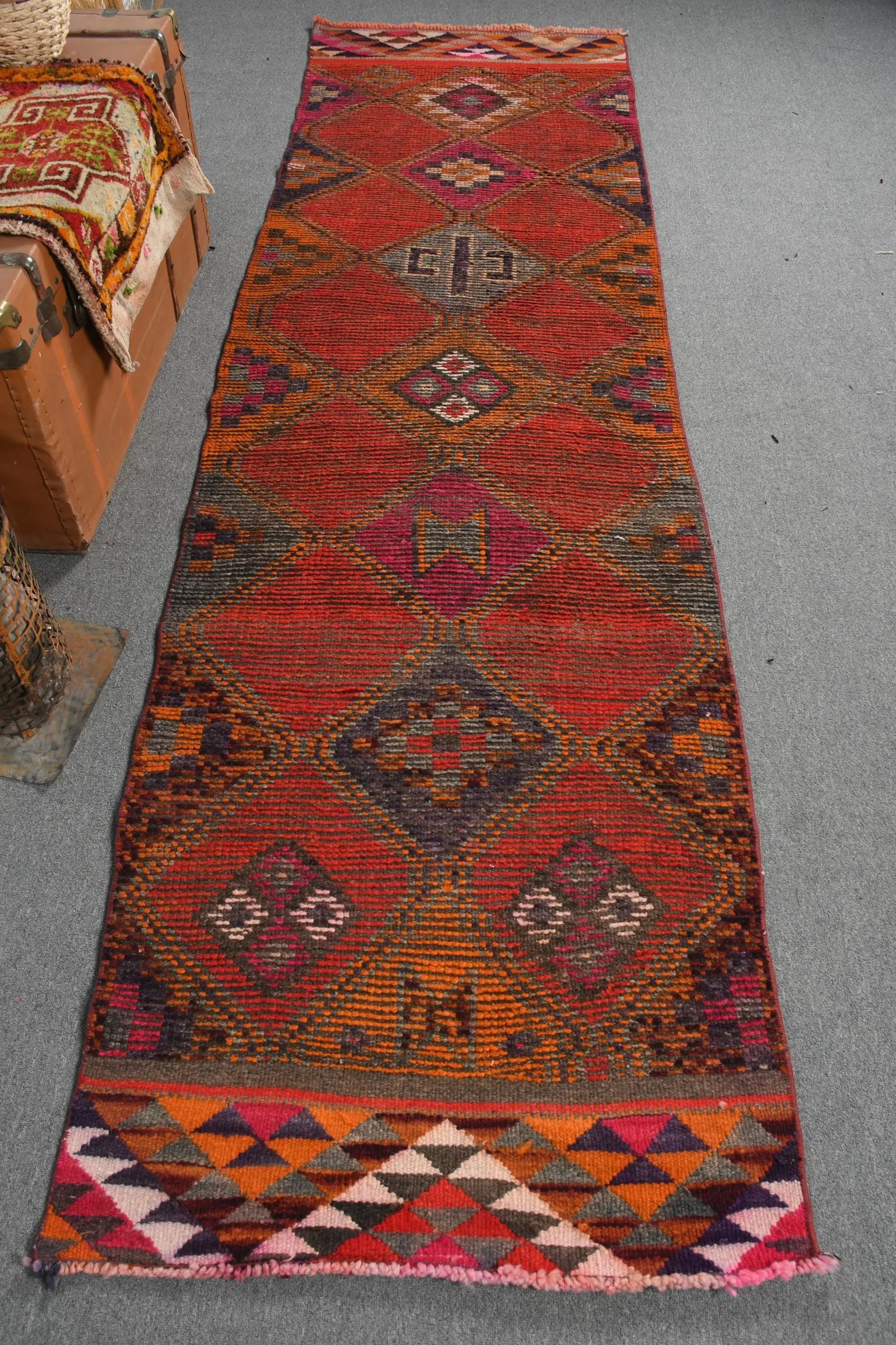 2.9x10.7 ft Rug, Vintage Turkish Rug, Red Herki Wool Rug - 1