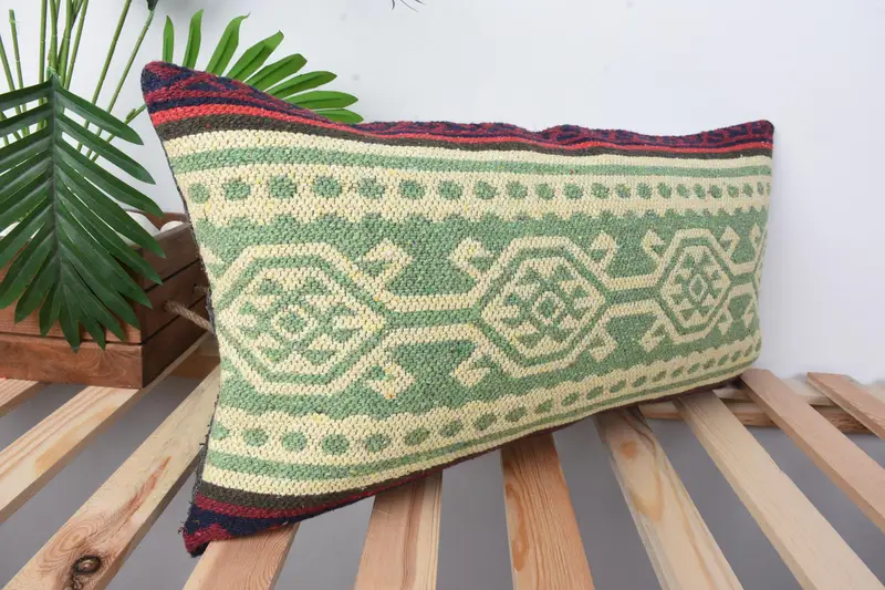 Rustic Cushion, Boho Pillow, Bright Cushion Cover, Antique Pillows, Pillow Sham, 12x24 Green Pillow, Pillow for Sofa, Oriental Pillow Cover - 5