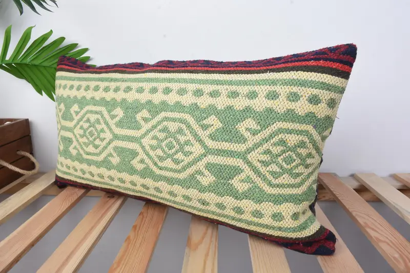 Rustic Cushion, Boho Pillow, Bright Cushion Cover, Antique Pillows, Pillow Sham, 12x24 Green Pillow, Pillow for Sofa, Oriental Pillow Cover - 4