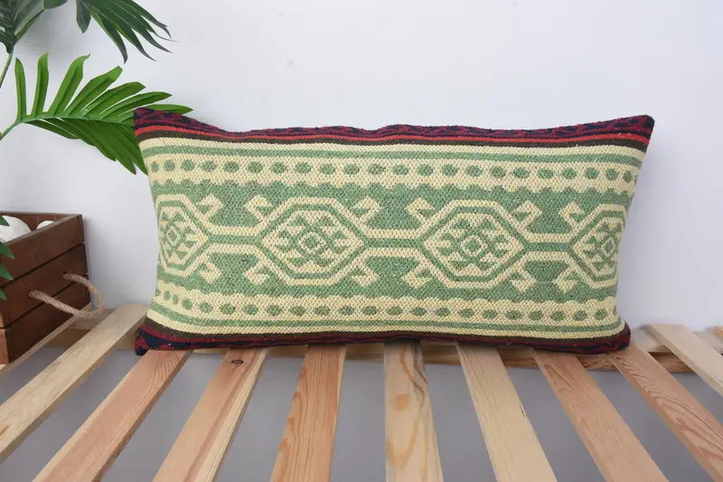 Rustic Cushion, Boho Pillow, Bright Cushion Cover, Antique Pillows, Pillow Sham, 12x24 Green Pillow, Pillow for Sofa, Oriental Pillow Cover - 1