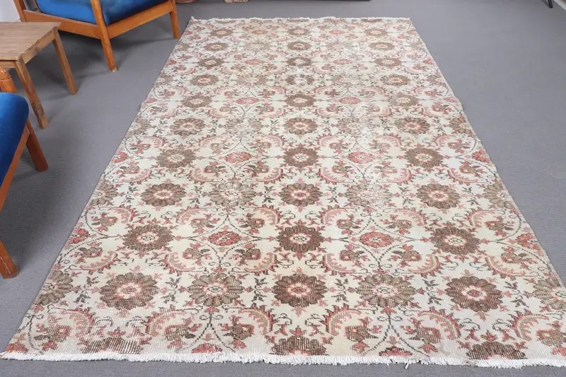 5.8x9.5 ft Türk Halısı, Vintage Büyük Halı, Kahverengi Beyaz Güneybatı Halısı - 1