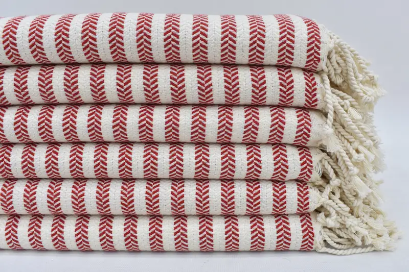 Turkish Beach Towel Handmade Organic Cotton Red Chevron, 70x40 Inches