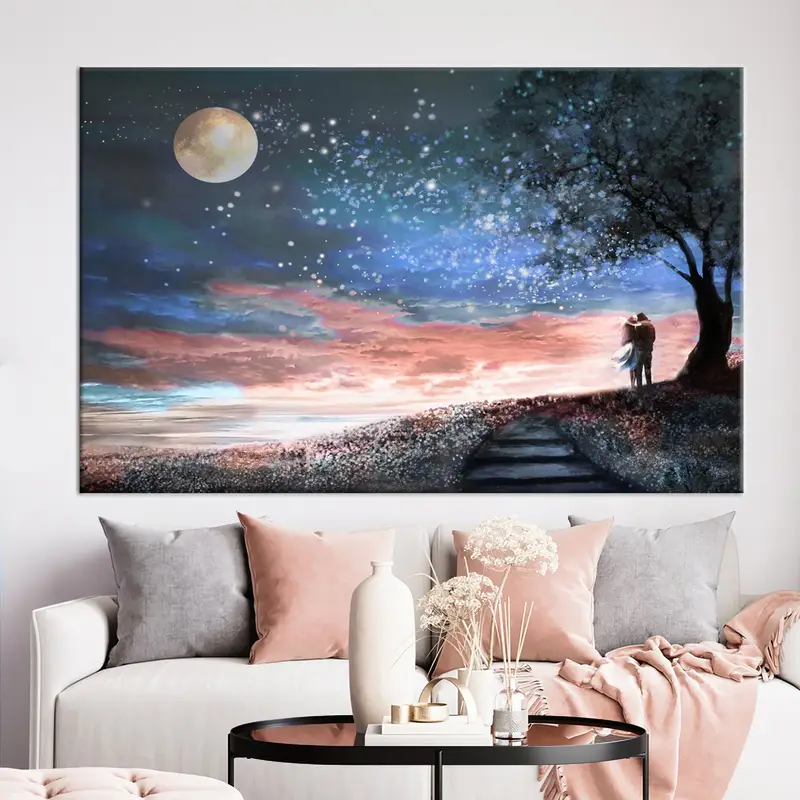 Romantic Couple Wall Art, Lovely Wall Art, Couple Painting, Gift For Couple, Couple Canvas, Full Moon Canvas, Moon Painting, Moon Landscape - 1